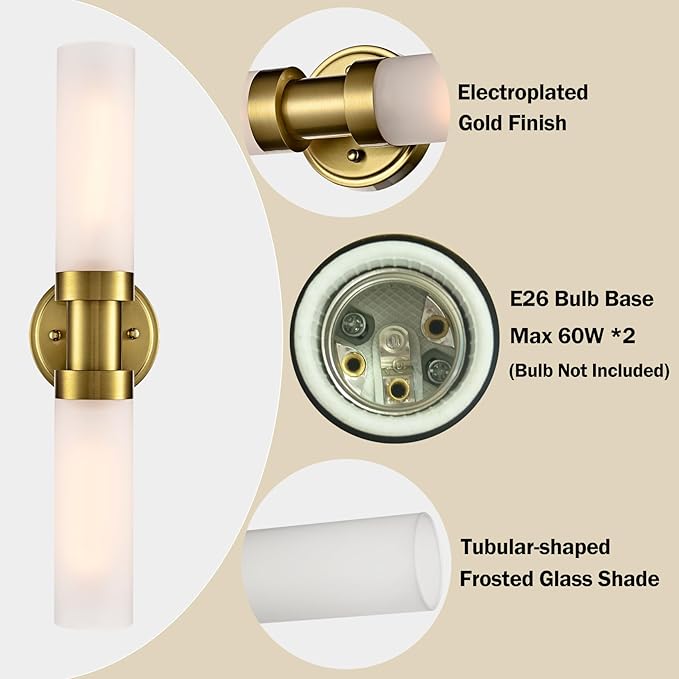 Modern Gold 2-Light Wall Sconce with Frosted Glass Shade 20-Inch Cylinder Bathroom Light Fixtures Brass Glass Sconces Wall Lighting for Living Room Bedroom