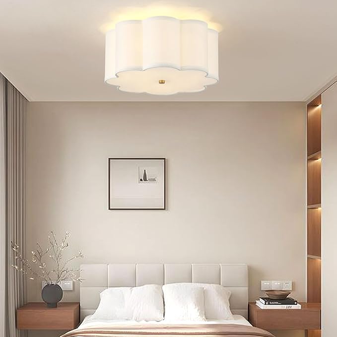 13.4"Semi Flush Mount Ceiling Light Fixture, 3-Light Modern Close to Ceiling Light With Fabric Flower-Shaped Shade, Light Fixtures Ceiling Mount for Bedroom Nursery Kids Room Living Room(Gold)
