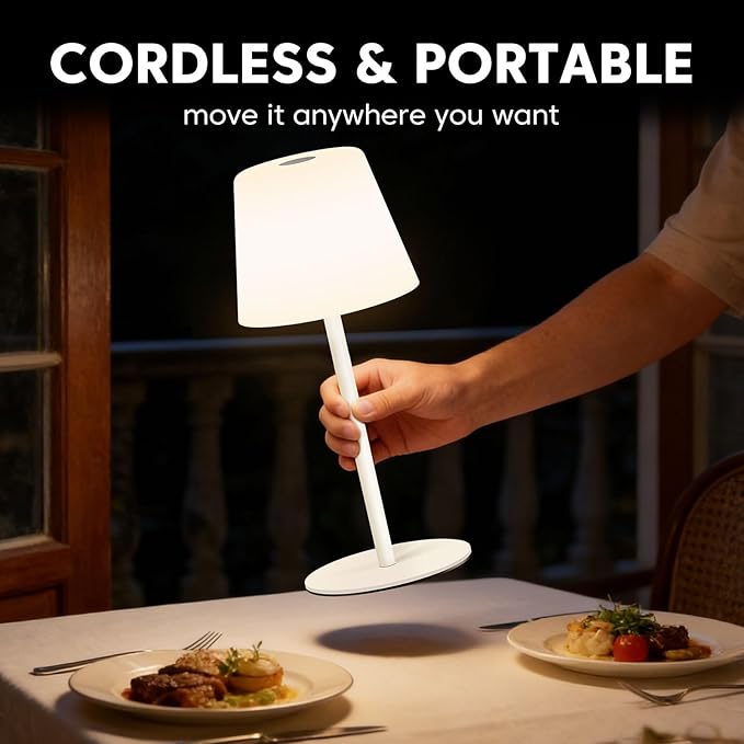 NEEZUKAR Cordless Table Lamp for Bedroom,Rechargeable IP65 Waterproof Shower Lamp with 4000mAh Battery, Touch Dimmable LED Desk Light for Bathroom,Kitchen,Outdoor Patio (White)