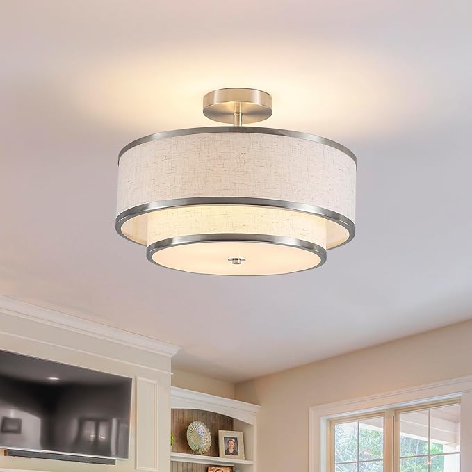 Farmhouse Close to Ceiling Light, 3-Light Flush Mount Ceiling Light Fixture with 2-Layer Fabric Shade, Modern Drum Ceiling Lamp for Hallway Bedroom Living Room (Brushed Nickel)