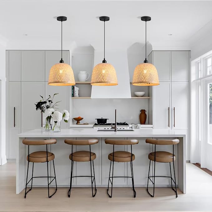 3-Pack Rattan Pendant Light,11.02 Inch Bamboo Pendant Light Fixture,Handwoven Wicker Pendant Light for Kitchen Island,Coastal Chandelier for Dining Room Foyer Stairway Hallway