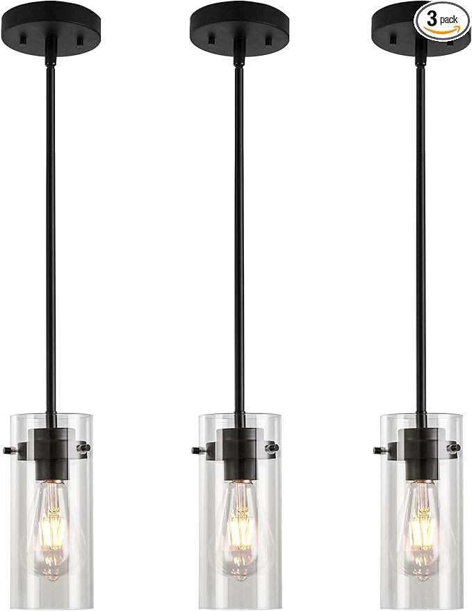 EAPUDUN Pendant Lights Kitchen Island (3 Pack), Clear Glass Shade Kitchen Lighting fixtures Ceiling Hanging, Black Pendant Lights for Kitchen Island,Dining Room,Corridor Bedroom E26 Base
