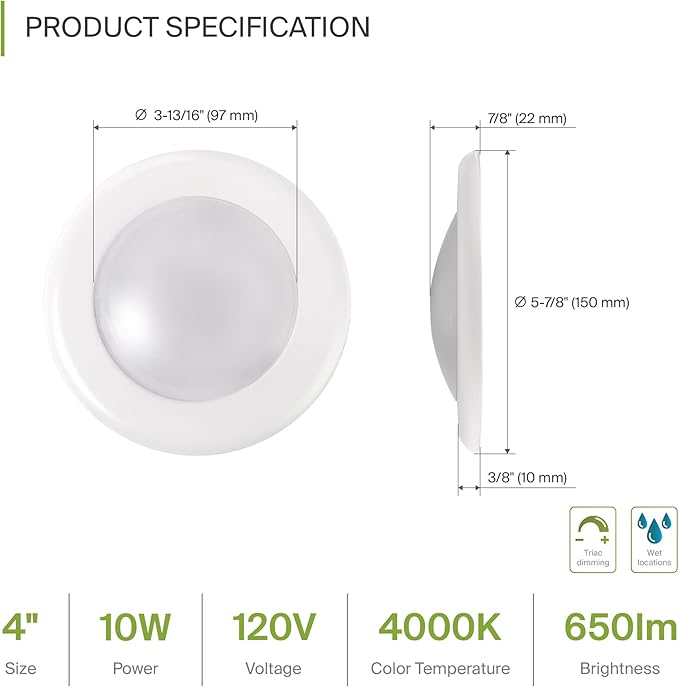 ASD 6 Pack LED Disk Lights 4 Inch, 10W 4000K Cool White 650LM CRI90+, Dimmable Flush Mount Ceiling Light Fixture, Low Profile Surface Mount Disc, Junction Box or Recessed Can Install, ETL