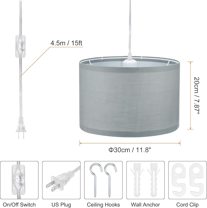 PATIKIL Plug in Pendant Light, 2 Pack 15Ft Rope Cord Hanging Lamp Fixture with ON/Off Switch, Linen Fabric Shade E26/E27 Bulb Socket for Bedroom Kitchen Living Room, Light Gray
