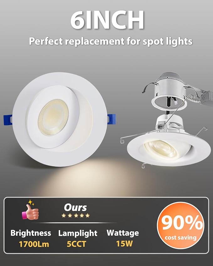 Adetu Recessed Lighting 6 inch, 360°+90° Adjustable Directional 6 inch Gimbal Led Recessed Light, 2700K-5000K 5CCT Dimmable Retrofit Eyeball Can Recessed Lights with Jbox, ET (White-12 Pack)