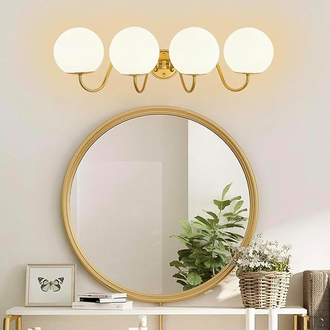 4 Lights Vintage Bathroom Vanity Light Fixtures Over Mirror, Brushed Gold Vanity Lights For Bathroom With Milk White Glass Globe Shade, Wall Lights For Bedroom, Hallway, Dressing Table(G9 Incl.)