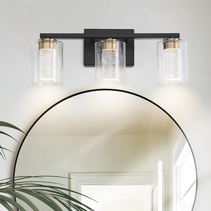 EMONG 3-Light Black&Gold Bathroom Light Fixtures,Dimmable 5CCT LED Vanity Lights with Clear Glass,2700K-6500K Adjustable Crystal Bubble Black Bathroom Vanity Light Over Mirror for Hallway