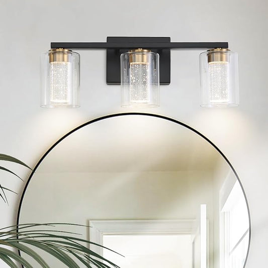 EMONG 3-Light Black&Gold Bathroom Light Fixtures,Dimmable 5CCT LED Vanity Lights with Clear Glass,2700K-6500K Adjustable Crystal Bubble Black Bathroom Vanity Light Over Mirror for Hallway