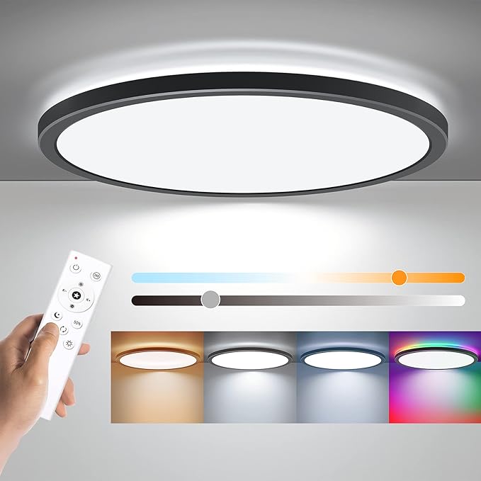 Annaror RGB Flush Mount LED Ceiling Light with Remote, 12 Inch Ceiling Light Fixture with Color Changing Backlight, 3000K-6500K Dimmable, 24W for Bedroom Kids Room Black