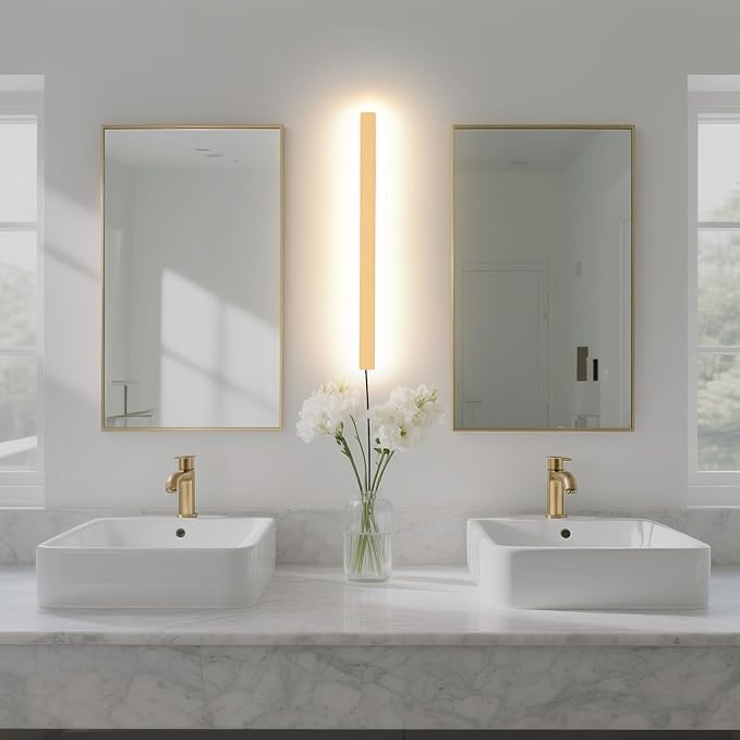 KELUOLY Modern Plug in Wall Sconces, 23.6 inch Frosted Gold LED Long Wall Lights, 12W Warm White 3000K Acrylic Indoor Wall lamp,with 59" Plug Cable for Bedroom, Living Room, Bathroom Makeup, Hallway
