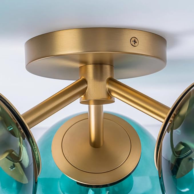 3-Light Semi Flush Mount Ceiling Light, 18" Gold Sputnik Light Fixture with Teal Blue Glass Globes, Bubble Chandelier for Bedroom, Hallway, Living Room, Entryway(Blue, 3 Light Ceiling Light)