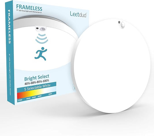 Motion Sensor Ceiling Light Hardwired, 9 Inch 18W Flush Mount Closet Light, 1800 Lm, 5 CCT 2700/3000/3500/4000/5000K, 4 Brightness Settable, Rimless 10% Standby Bi-Level with Delay Off, ETL Listed