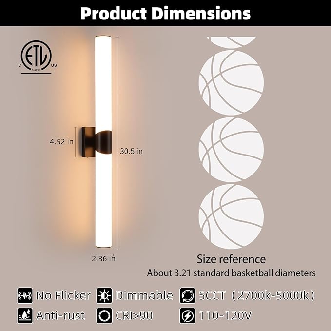 Modern Wall Sconce 30 Ihch Black Bathroom Sconces LED Wall Lighting Fixtures with Acrylic Shade Hardwired Long Vanity Lights Over Mirror for Bedroom Living Room Hallway