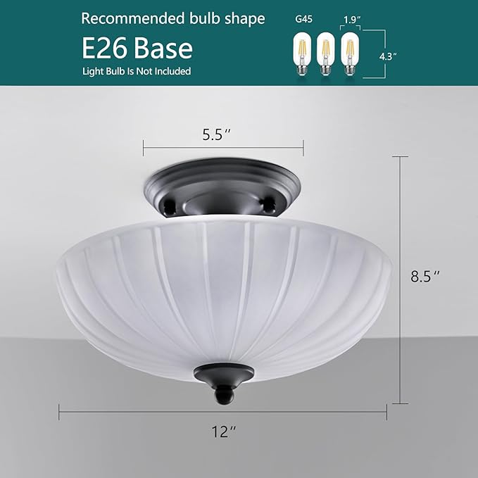 Frosted Glass Ceiling Light Fixture - Semi Flush Mount with 3 E26 Bulb Sockets, Soft Diffused Lighting/Anti-Glare Shade Lighting for Living Room Dining Room Hallway, Vintage Indoor Chandelier