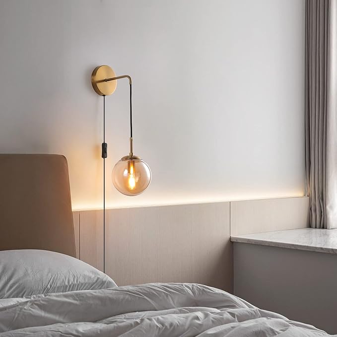 KUZZULL Wall Sconces Set of Two Plug in Wall Sconces with Globe Amber Glass Shade Wall Lamp with Cord Wall Sconce Plug in Brushed Brass Gold Sconces Set of 2 Wall Light Sconce
