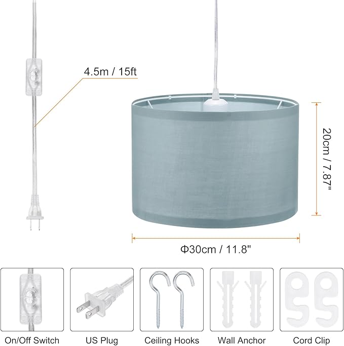 PATIKIL Plug in Pendant Light, 2 Pack 15Ft Rope Cord Hanging Lamp Fixture with ON/Off Switch, Linen Fabric Shade E26/E27 Bulb Socket for Bedroom Kitchen Living Room, Gray Blue