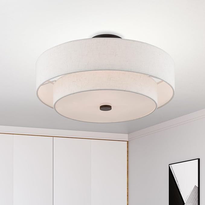 Livex Lighting 51085-92 4-Light Semi Flush Mount Ceiling Fixture with Oatmeal Color Fabric Hardback Drum Shade and Satin White Diffuser, English Bronze