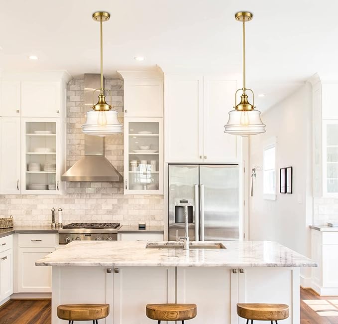 DEYNITE Modern Schoolhouse Pendant Light Fixtures Brass Hanging Kitchen Light with Clear Shade, E26 Light for Dining Room, Bedroom, Bathroom