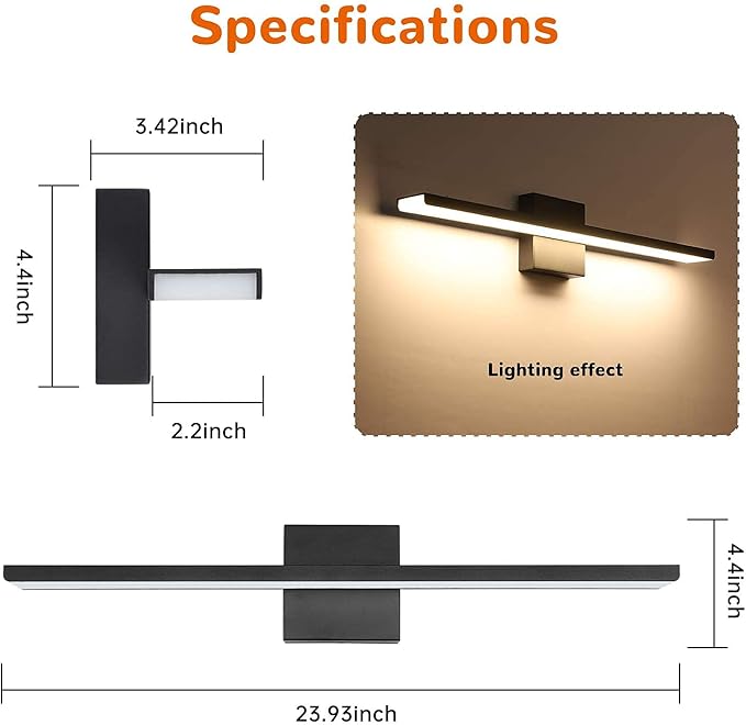 JUSHENG Modern Black Bathroom Vanity Light Fixtures 24" Inch Long Industrial Aluminum LED Bath Wall Light Lamps Over Mirror in Hallway Bedroom Lighting Matte Black 24W 3000K