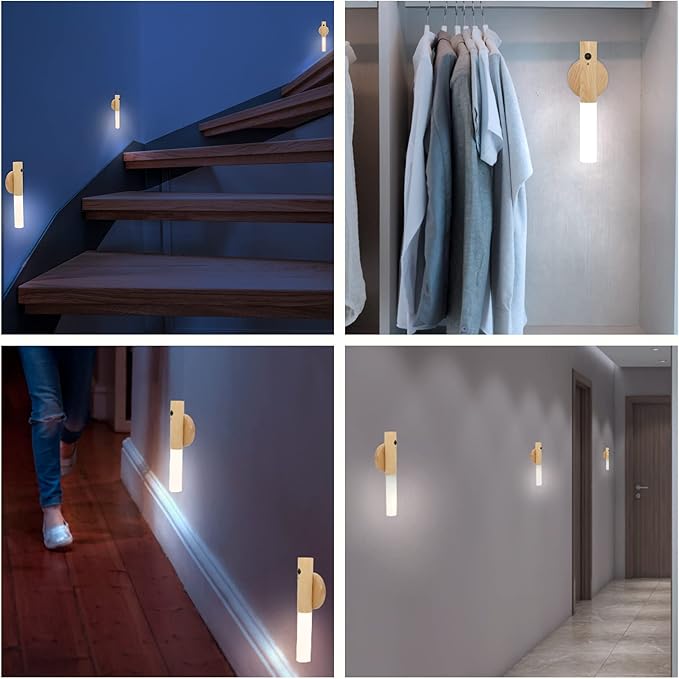 Motion Sensor Night Light, Motion Activated Night Light,Wall Lights Battery Operated,Rechargeable Wall Lights,Suitable for Kids Bathroom，Corridors, Closet ，Stairs (White Ash Wood 1PC)