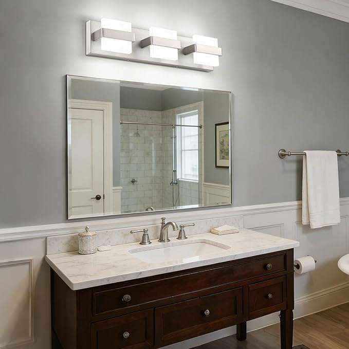 SOLFART Brushed-Nickel Bathroom Vanity Light Fixtures Over Mirror, Dimmable Vanity Lights for Bathroom, 3 Lights Bathroom Lighting Modern LED Lights