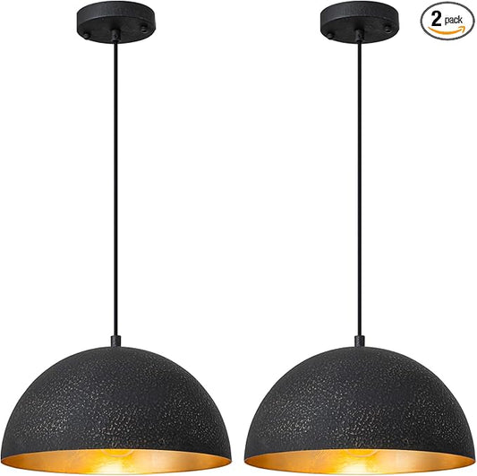11.8" Farmhouse Pendant Light,Black with Gold Grain Industrial Dome Chandelier 2 Pack,Adjustable Vintage Pendant Lights Kitchen Island for Dining Room,Bedroom,Hallway