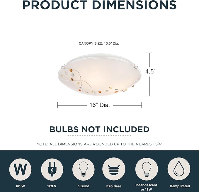 Quoizel Stellar 16" 3-Light Round Flush Mount, Polished Chrome, Frosted Glass with Amber & Clear Jewels, Dimmable