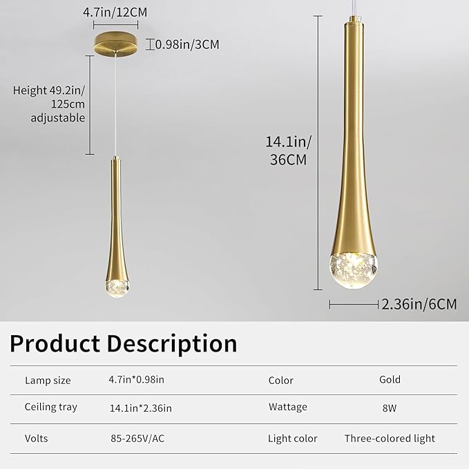 2 Pack Modern Gold LED Pendant Light, Kitchen Island Ceiling Hanging Lights, Teardrop Bubble Crystal, 3 Color 2700K/4500K/6500K, Bedside Small Chandelier Lamps for Bar, Dining Room, Hallway, Foyer