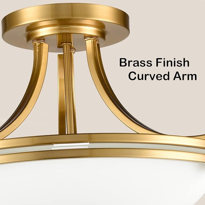 SAMTEEN Modern Brass Semi Flush Mount Ceiling Light 3-Light Mid Century Gold Flush Mount Light Milk Glass Ceiling Light Fixtures for Hallway Bedroom Foyer Kitchen
