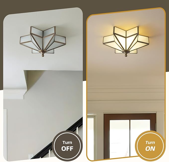 Star Vintage Bronze Ceiling Light - 12.2 Inch Small Milk Glass Antique Flush Mount Fixture - Mid Century Black Art Deco Lighting for Kitchen Hallway Bedroom Bathroom Laundry Entryway Farmhouse Hall