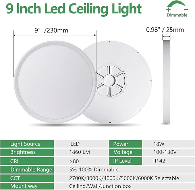 Dimmable 9 Inch LED Flush Mount Ceiling Light, 2700K/3000K/4000K/5000K/6000K CCT Selectable,18W 1860LM Round Flat Panel Light Low Profile Led Light Fitures for Kitchen Living Room Bedroom，6PK- 5CCTD