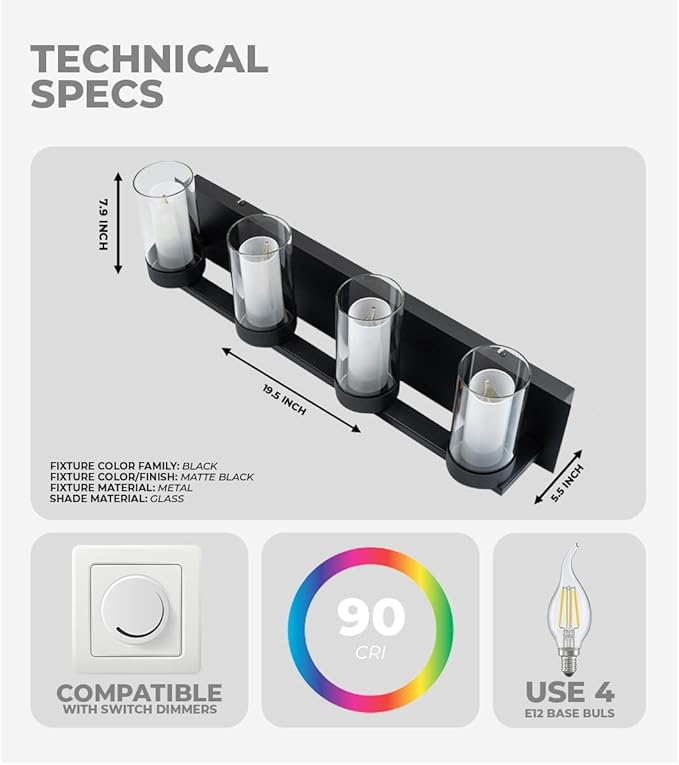 LYTIO 4-Light LED Vanity Bar Light – Modern Bathroom Wall Lamp to Install Over The Sink or Mirror - Includes LED Bulbs (Black)