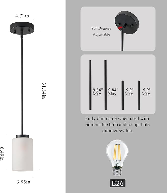 2 Pack Pendant Light Fixtures, Farmhouse Adjustable Kitchen Island Hanging Ceiling Lights, Black Mini Pendant Lights with White Frosted Glass Shade for Bedroom Living Room