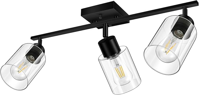 Track Lighting Fixtures Ceiling, 3-Light Track Light with Clear Glass Shade, 23" Modern Kitchen Lighting Ceiling with Rotatable Track Head, Black Wall Light for Vanity Hallway Bedroom(E26, No Bulb)