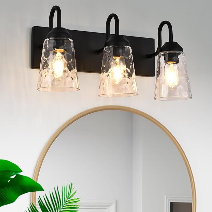 3-Light Bathroom Light Fixtures, Coastal Vanity Lights with Crystal Glass Shade, Black Bathroom Wall Lamp for Mirror Kitchen Hallway Bedroom