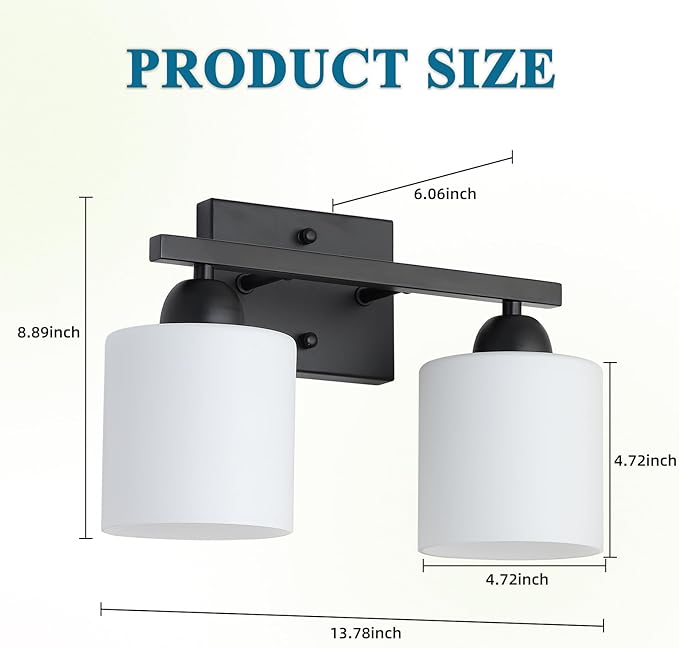 Mecgirn Milk Glass Vanity Lights for Bathroom, 2 Light Matte Black Bathroom Light Fixtures Over Mirror, Ceramic E26 Sockets Wall Mounted