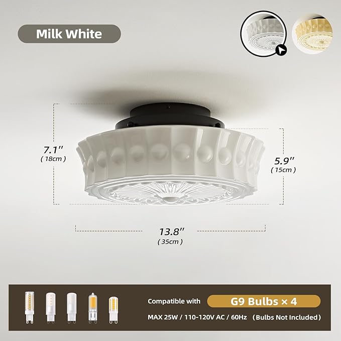 Milk Glass Schoolhouse Ceiling Light - 14 Inch Vintage Mid Century Modern Flush Mount Lighting Fixtures - Antique Art Deco Lamp for Hallway Bedroom Kitchen Entryway Laundry Foyer Bathroom Dining Room