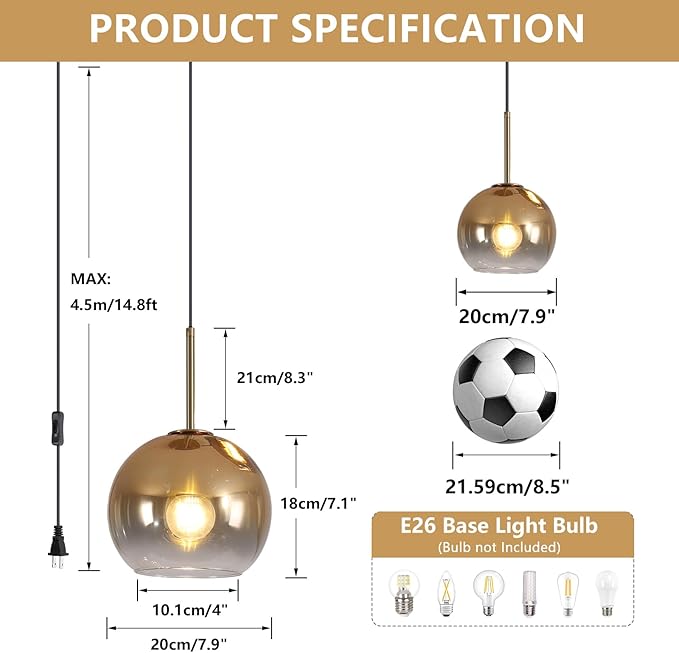 KCO Lighting Modern Pendant Lights Kitchen Island Mid Century Plug in Pendant Light Glass Hanging Lamp with Cord Globe Gold Hanging Light Bedroom Ceiling Lights Plug in