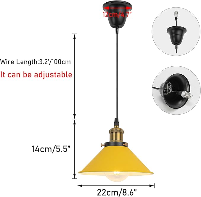 2 Pcs Ceiling Lights Conversion Pendant E26 Base Connections Adjusted Wire Length Cone Metal Yellow Lampshade Industrial Style Conversion Kit for E26 Ceiling Lamp Fixtures