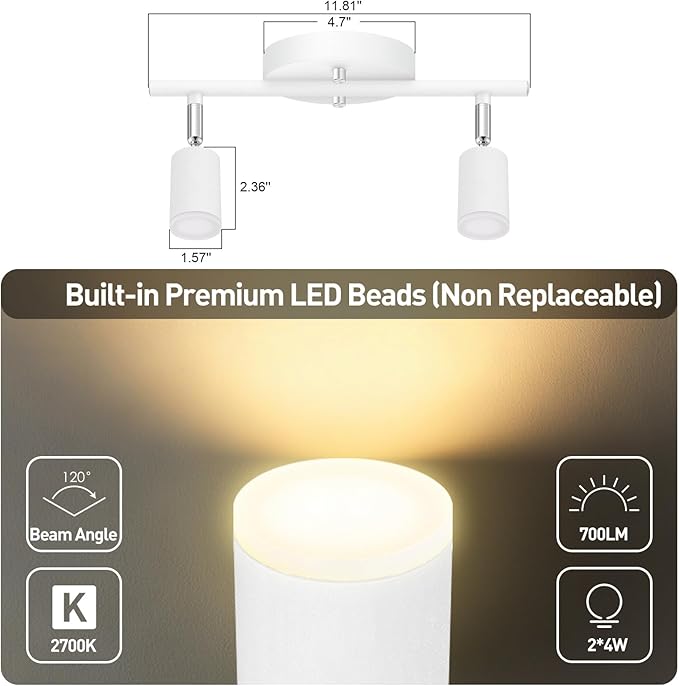 AUQUEE 2 Light Track Lighting Fixtures Ceiling, 8W/2700K White Track Lighting with Acrylic Lampshade & Rotatable Light Heads, 20000hrs Lifespan, Modern LED Track Lights Ceiling for Kitchen/Hallyway