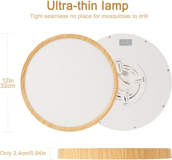 COTULIN 12 Inch Wood Grain Flush Mount Ceiling Light Fixture, Modern 22W Round Flat Overhead 3000K-4000K-6000K Selectable LED Ceiling lamp for Bedroom, Living Room, Kitchen, Entryway, Office