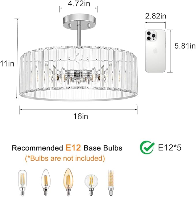 Modern Crystal Ceiling Light Fixture, Semi Flush Mount Ceiling Light, Chrome Hallway Lighting Fixtures Chandelier, Crystal Chandelier for Kitchen Bedroom Dining Room Closet, 5-Light, 16 Inch