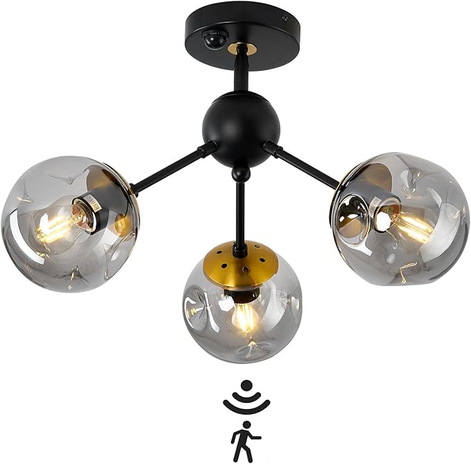 SZXYKEJI Motion Sensor Light Indoor 3-Light Vintage Semi Flush Mount Ceiling Light Fixture with Glass Globe Black Chandelier for Closet Hallway Stairway Porch Entryway
