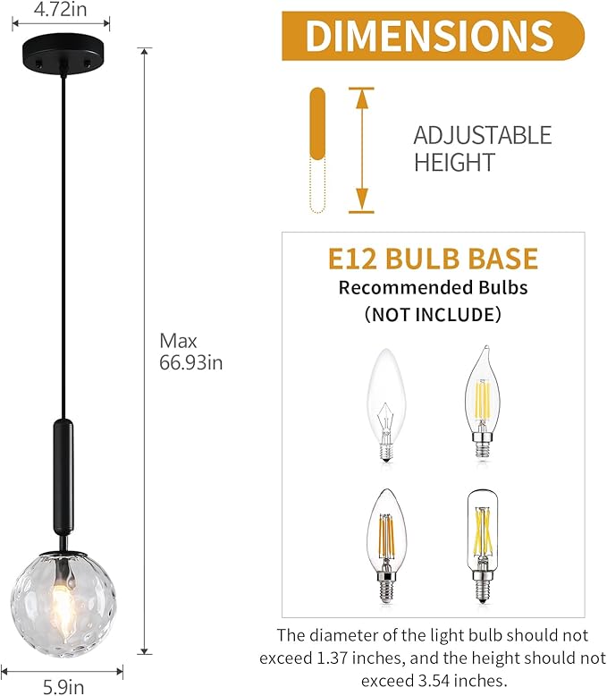 Modern Black Pendant Light Hanging Fixture Light for Kitchen Island Mid Century with Globe Pendant Light Clear Glass Pendant Lighting for Living Room Bedroom Entryway (1 Pack)