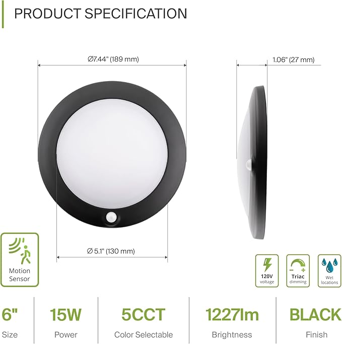 ASD 6 Inch Motion Sensor LED Disk Lights - 15W 120V 2700-5000K Black Dimmable Flush Mount Ceiling Light Fixture, Low Profile Surface Mount Disc Lights, Junction Box & Can, ETL, Energy Star, 6 Pack