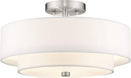 Livex Lighting 51044-91 Brushed Nickel Flush Mount with Off-White Fabric Hardback Shade
