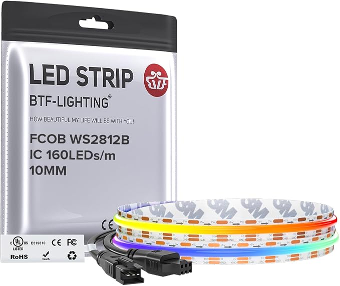 BTF-LIGHTING FCOB COB WS2812B IC RGB LED Strip DC5V 3.2FT Individual Addressable 160LED/m 160LEDs 160IC,UL Listed,Dream Color IP30 High Density Light 10mm Width for Decor(No Adapter or Controller)