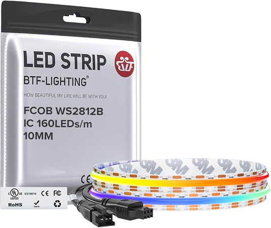 BTF-LIGHTING FCOB COB WS2812B IC RGB LED Strip DC5V 3.2FT Individual Addressable 160LED/m 160LEDs 160IC,UL Listed,Dream Color IP30 High Density Light 10mm Width for Decor(No Adapter or Controller)