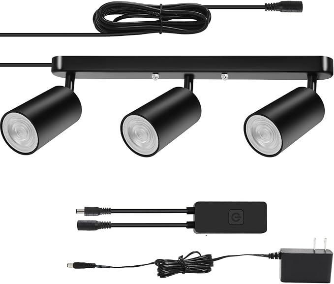 Plug in Track Lighting Track Light Fixtures with Power Cord Wall Spotlight Flexibly Rotatable Heads Plug in Ceiling Lights for Kitchen Cabinet Gallery Bar Living Room 15W 3000K(Black, 3 Heads)