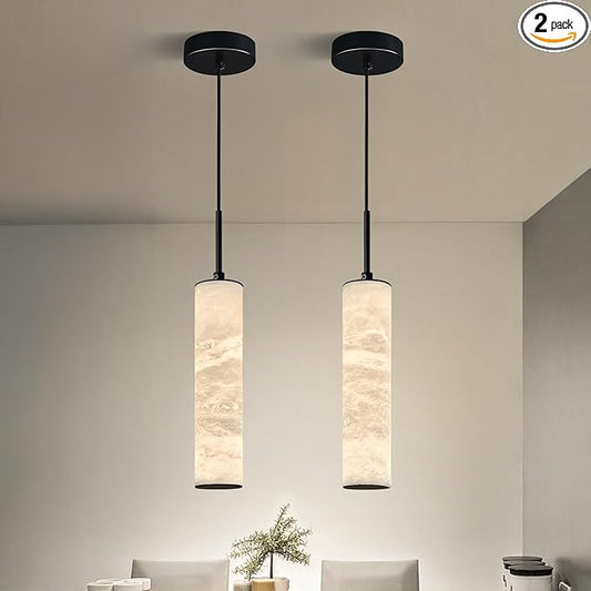 LMQNINE Natural Alabaster Pendant Lights for Kitchen Island White Marble Long Tube Chandelier 4000K Black Modern Ceiling Light Fixtures for Living Room Bedroom Dining Room Table Hallway(S-2Pack)
